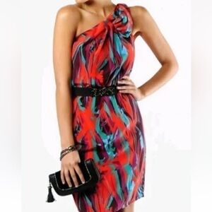 Bcbgmaxazria one shoulder coral passion midi dress 100% silk Size 4